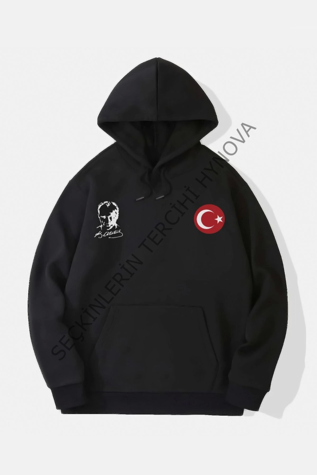10 Kasıma Özel Üç İplik Kapşonlu Baskılı SweatShirt - Siyah