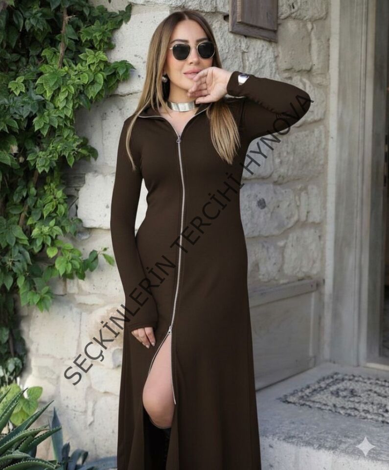 Kadın Uzun Kollu önden Fermuarlı Maxi Viskon Iki Iplik Elbise