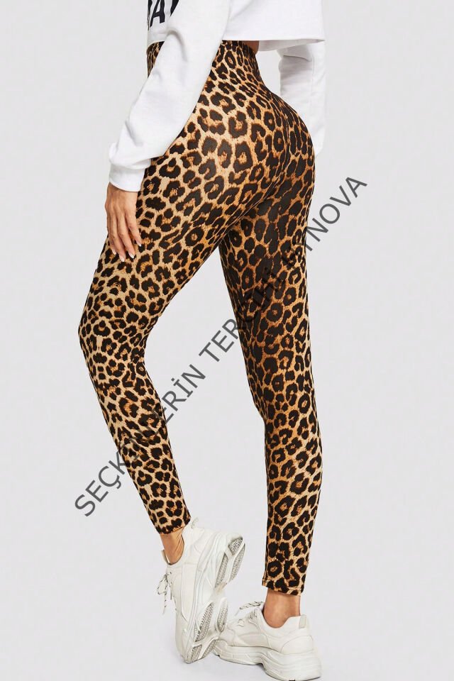 Kadın Leopar Desenli Yüksek Bel Dar Kesim Esnek Tayt – Modern ve Şık Tasarım
