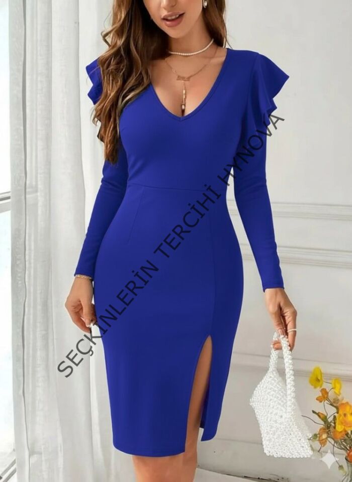 Kadın Uzun Kollu V Yakalı Yandan Yırtmaçlı Midi Ithal Krep Elbise