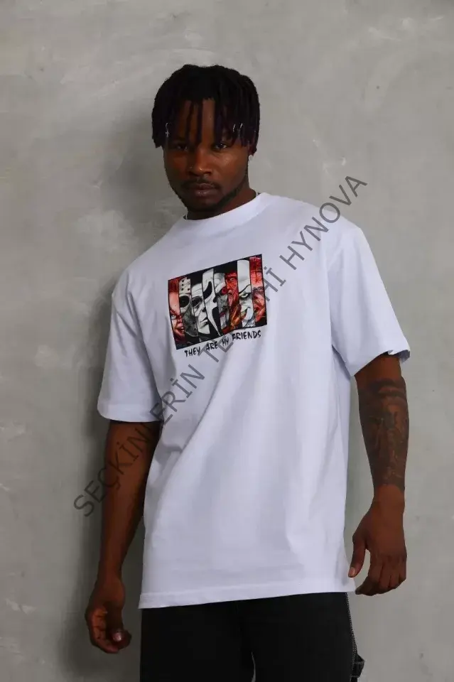 Unisex Oversize Baskılı Bisiklet Yaka T-Shirt - Beyaz