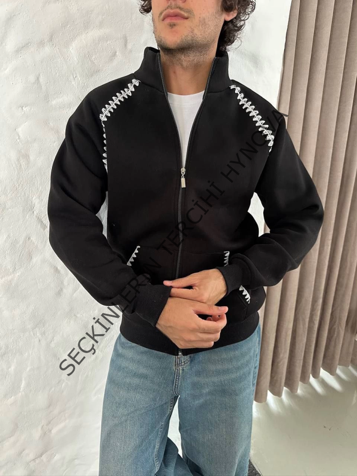 Erkek Oversize Dik Yaka Fermuarlı Sweatshirt - Zincir Nakışli Kanguru Cepli - Siyah