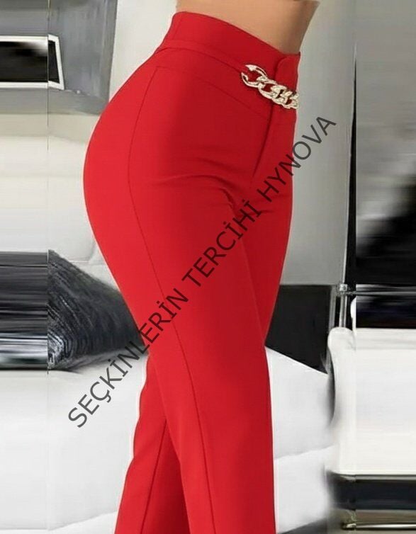 Kadın Yüksek Bel önden Zincir Detaylı Ithal Krep Pantolon