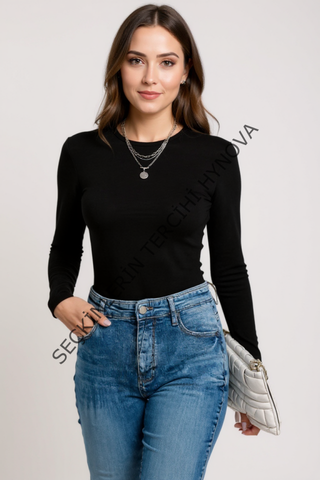 Kadın Siyah Uzun Kollu Fit Basic Crop Top Bluz