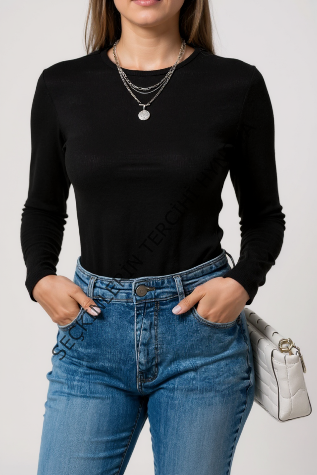 Kadın Siyah Uzun Kollu Fit Basic Crop Top Bluz