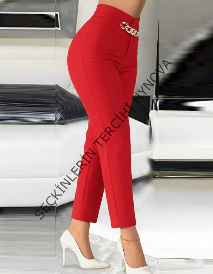 Kadın Yüksek Bel önden Zincir Detaylı Ithal Krep Pantolon