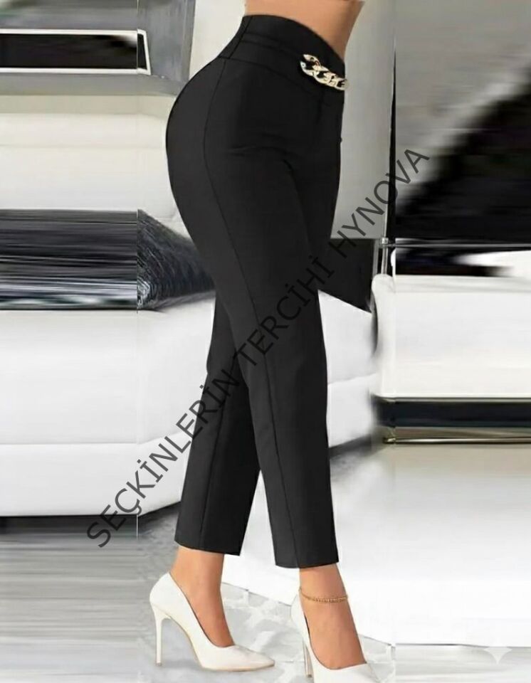 Kadın Yüksek Bel önden Zincir Detaylı Ithal Krep Pantolon