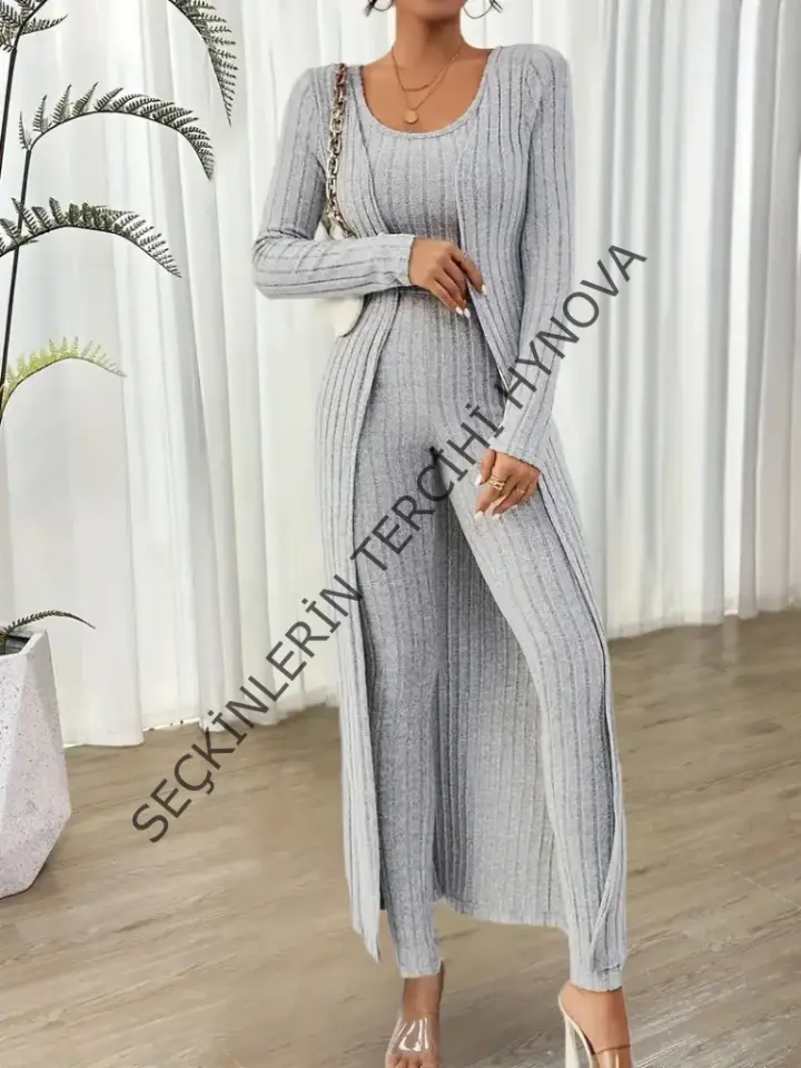 Kadın Yuvarlak Yaka Askılı Krop Bluz Yüksek Bel Tayt Ve Uzun Hırka şardonlu Kaşkorse üçlü Takım