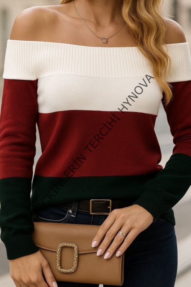 Kadın Uzun Kollu Omuzlardan Açık Uzun Kollu Blok çizgili Triko Bluz