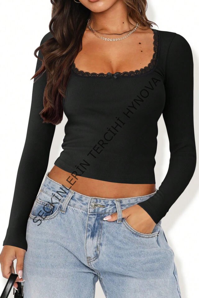 Kadın Siyah Kare Yaka Dantelli Uzun Kollu Crop Top Bluz – Şık, Rahat ve Kolay Kombinlenebilir