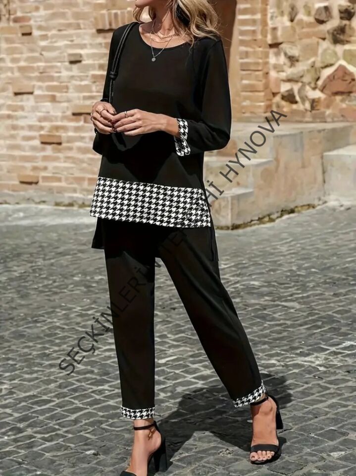 Kadın Uzun Kollu Yuvarlak Yakalı Kaz Ayağı Detaylı Viskon Iki Iplik Bluz Ve Pantolon Ikili Takım