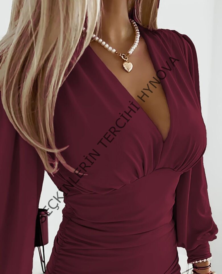 Kadın Uzun Kollu Derin V Yakalı önden Büzgülü Sandy Bluz