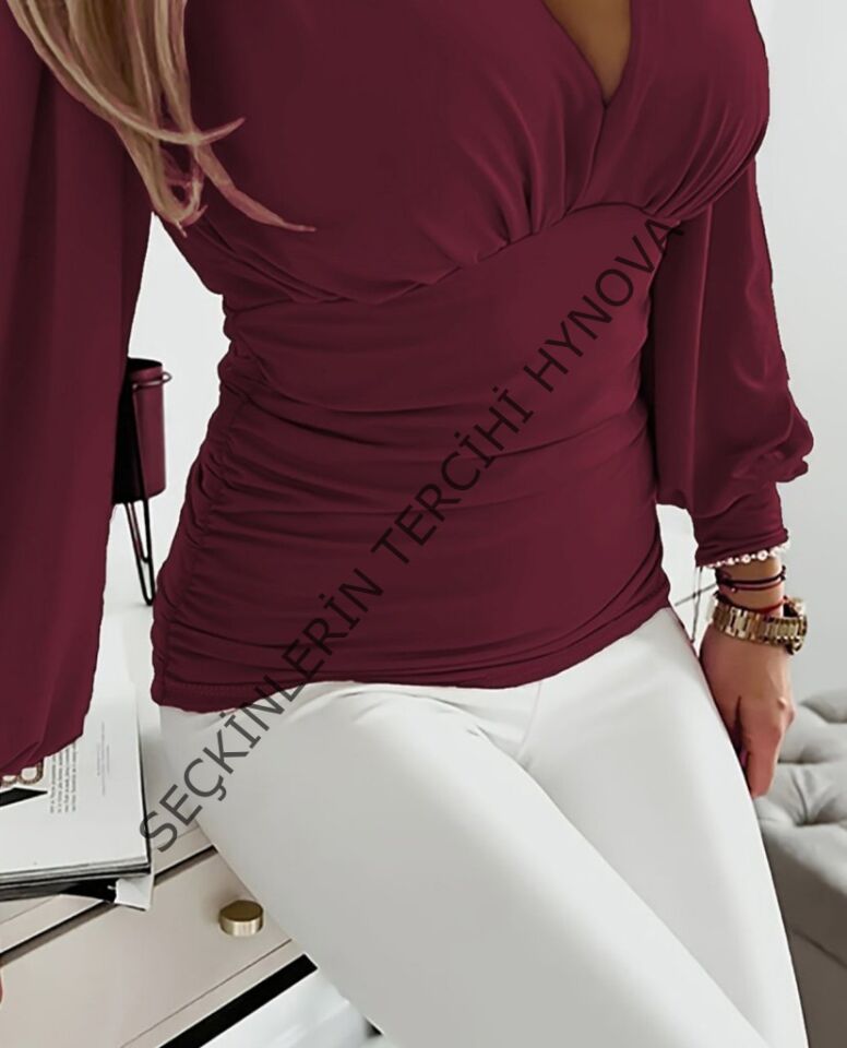 Kadın Uzun Kollu Derin V Yakalı önden Büzgülü Sandy Bluz