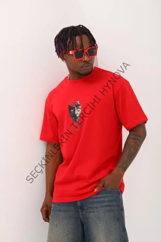 Unisex Oversize Baskılı Bisiklet Yaka T-Shirt - Kırmızı