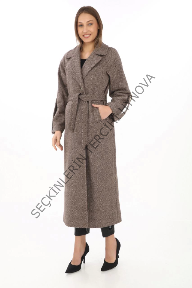 Kolu Apoletli Astarlı Kaşmir Kaşe Kaban - Vizon