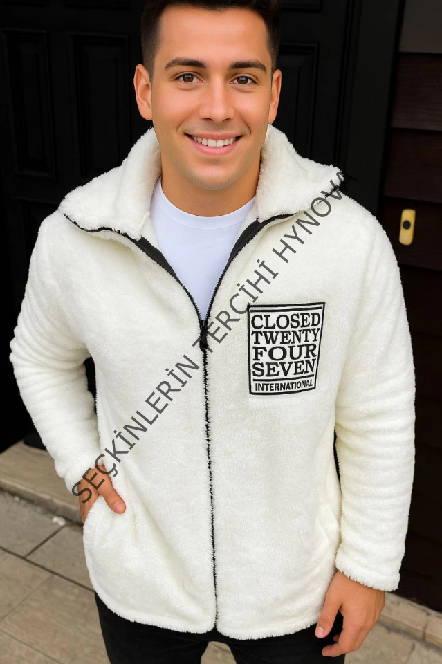 Erkek Polar Fermuarlı Sweatshirt – Kapüşonsuz, Cepli, Yumuşak Dokulu, Oversize Rahat Kalıp, Kışlık Sıcak Tutan Fermuarlı Üst - Beyaz