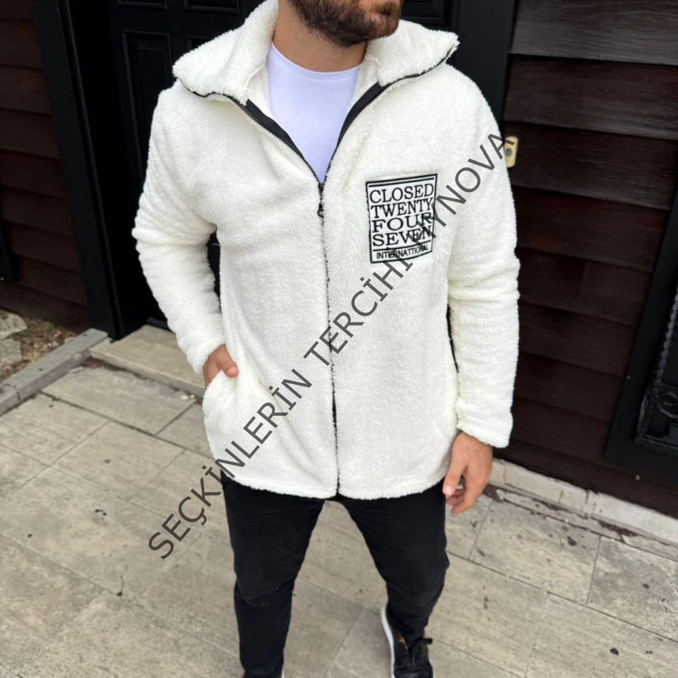 Erkek Polar Fermuarlı Sweatshirt – Kapüşonsuz, Cepli, Yumuşak Dokulu, Oversize Rahat Kalıp, Kışlık Sıcak Tutan Fermuarlı Üst - Beyaz