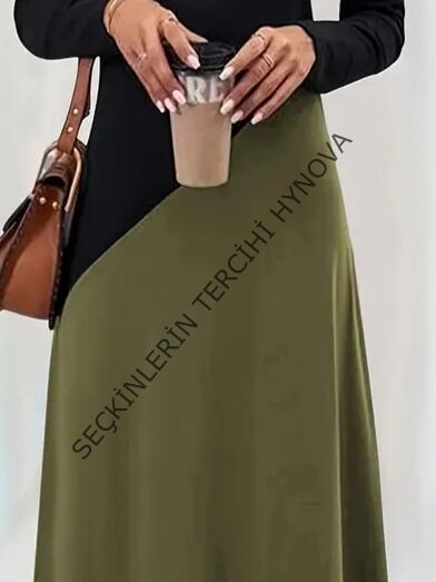 Kadın Uzun Kollu V Yakalı Blok Desenli Viskon Elbise