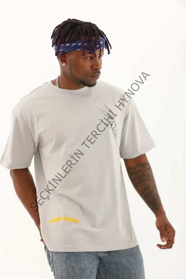 Unisex Oversize Baskılı Bisiklet Yaka T-Shirt - Gri