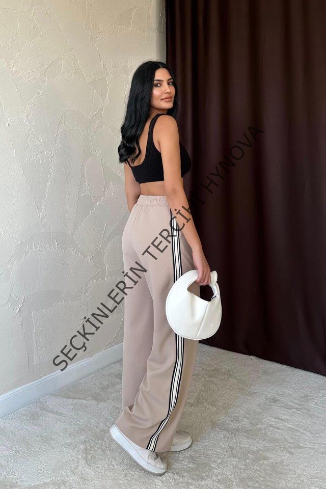 Bej Yanları Şeritli Pantolon