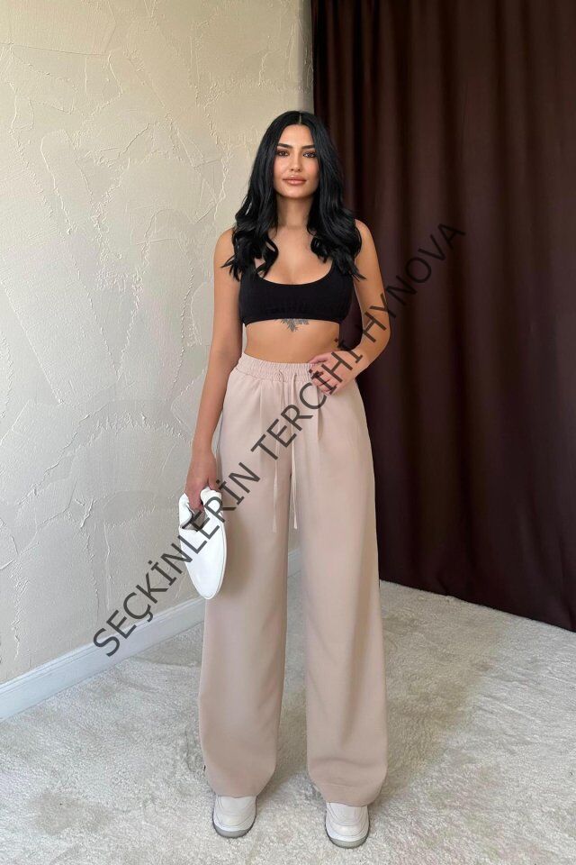 Bej Yanları Şeritli Pantolon