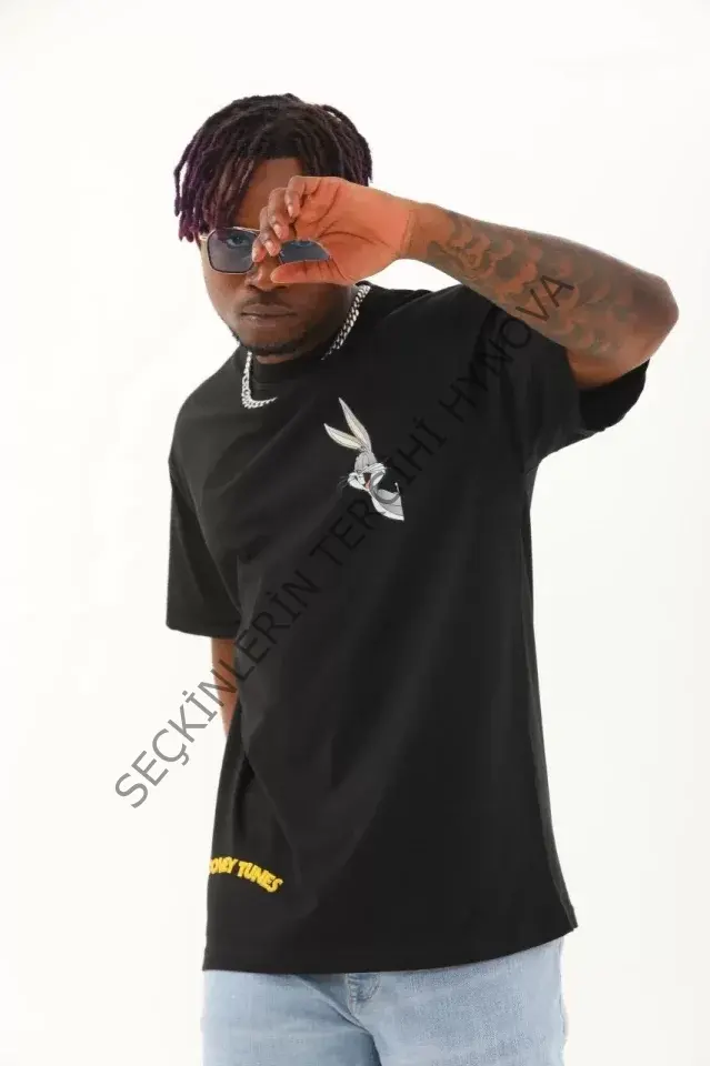 Unisex Oversize Baskılı Bisiklet Yaka T-Shirt - Siyah