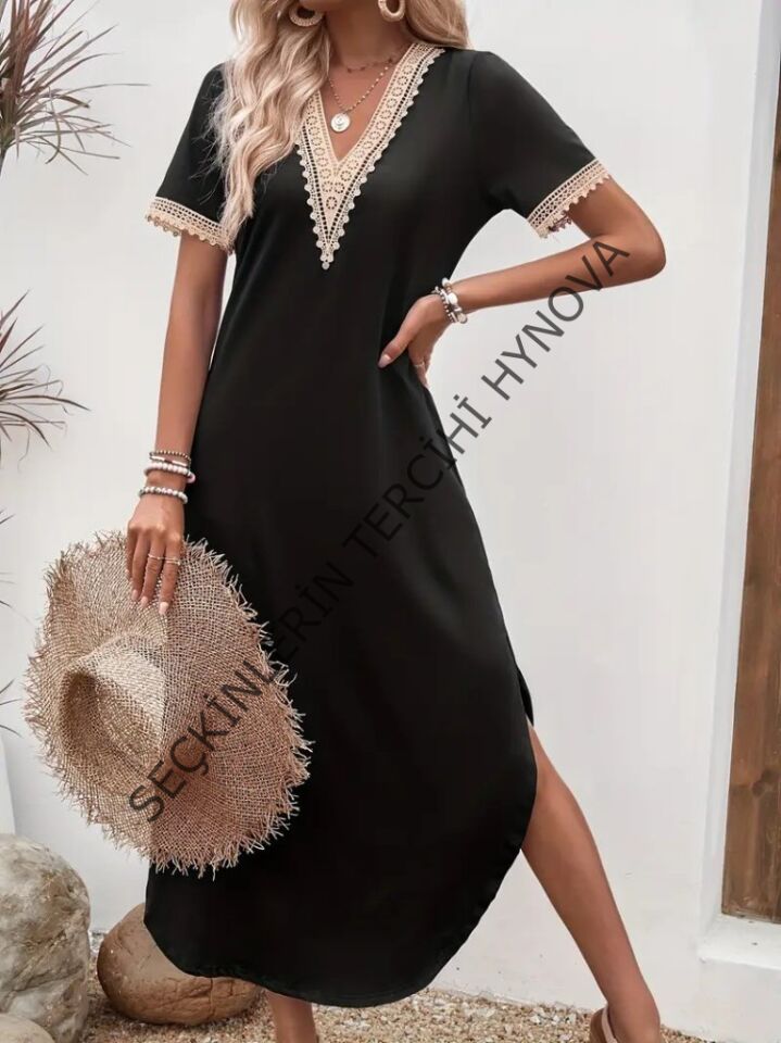 Kadın Kısa Kollu Dantel V Yakalı Uzun Viskon Elbise
