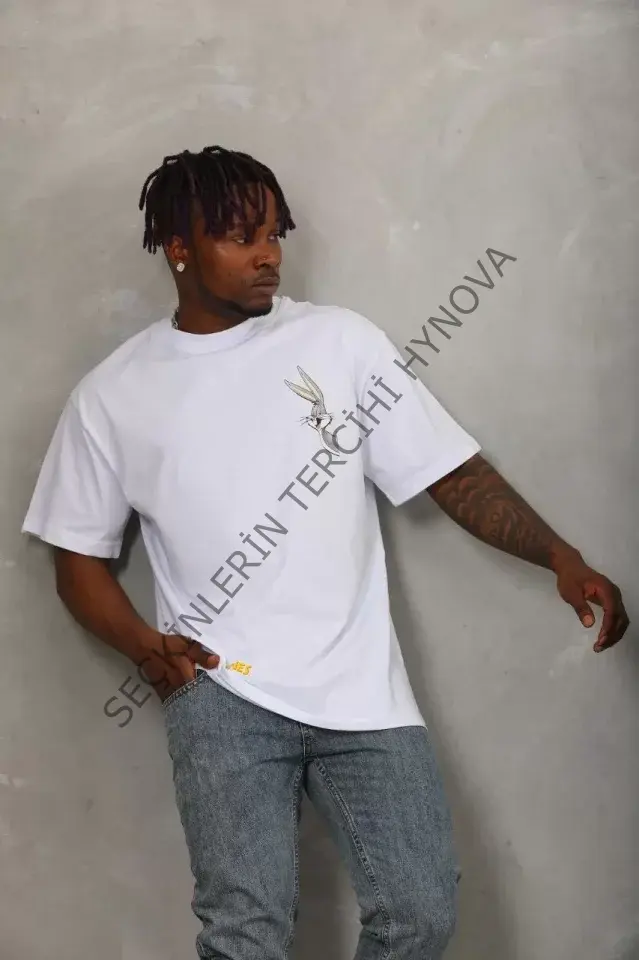 Unisex Oversize Baskılı Bisiklet Yaka T-Shirt - Beyaz