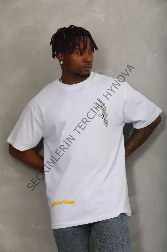 Unisex Oversize Baskılı Bisiklet Yaka T-Shirt - Beyaz