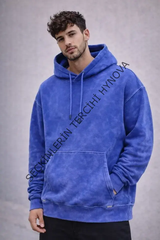 Erkek Yağ Yıkamalı Kapşonlu Double Oversize Üç İplik Pamuklu Sweatshirt - Mavi