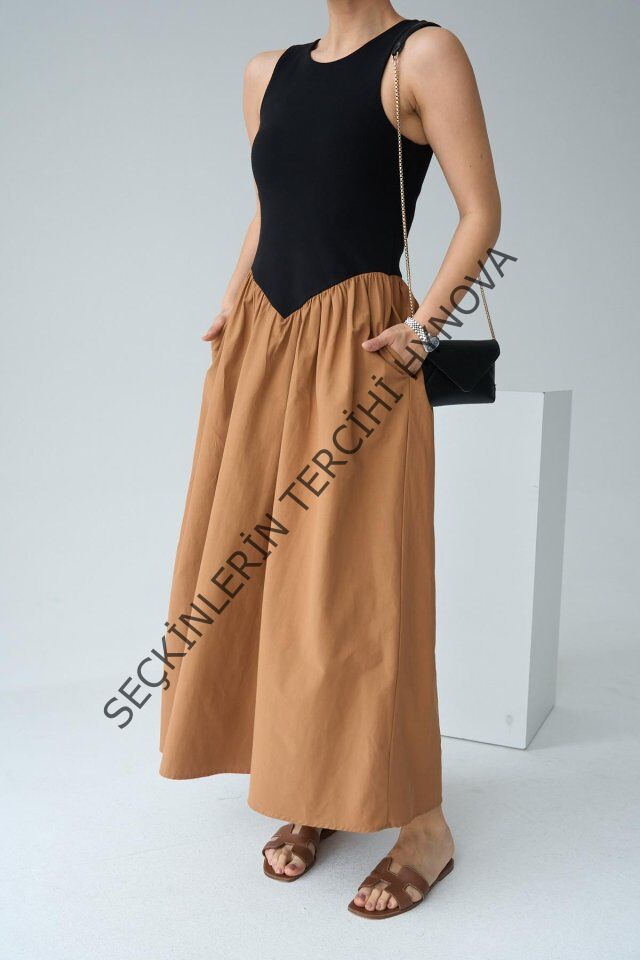 İki Renkli Elbise - Siyah-Taba