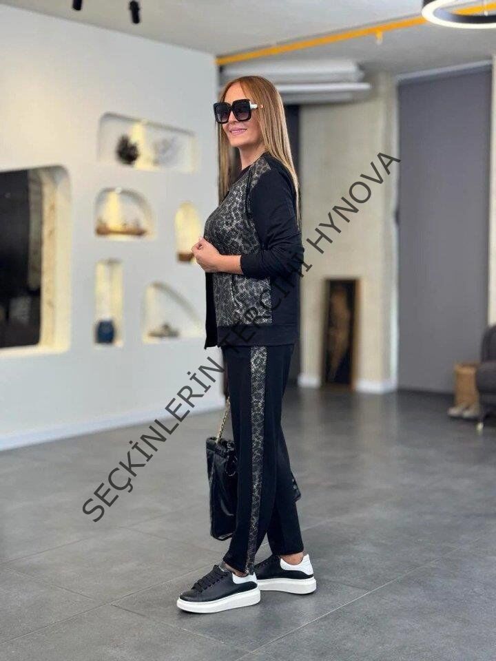 Kadın Uzun Kollu önden Fermuarlı Leopar Desenli Viskon Iki Iplik Bluz Ve Pantolon Ikili Takım