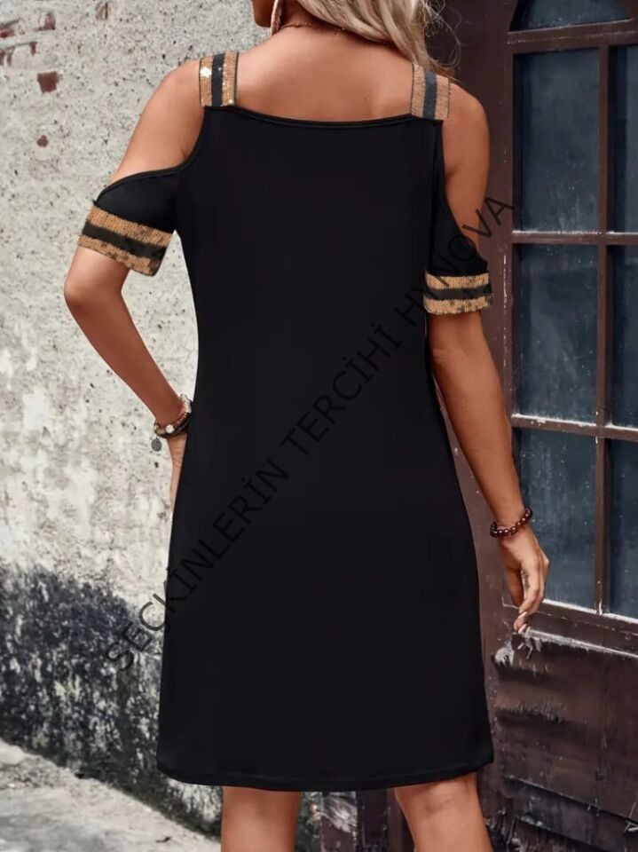 Kadın Askılı V Yakalı Omuzlardan Açık Kısa Viskon Elbise