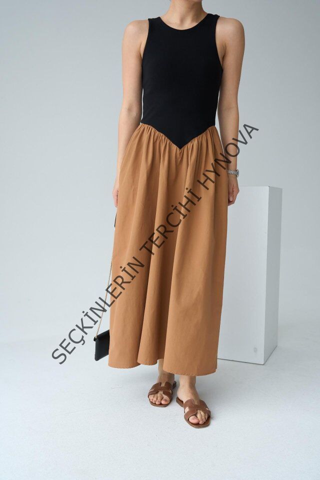 İki Renkli Elbise - Siyah-Taba