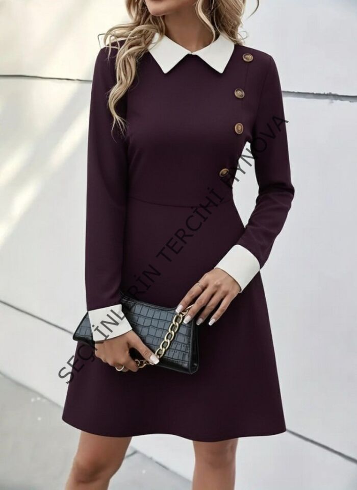 Kadın Uzun Kollu Yakalı Düğmeli Mürdüm Modal Mini Elbise