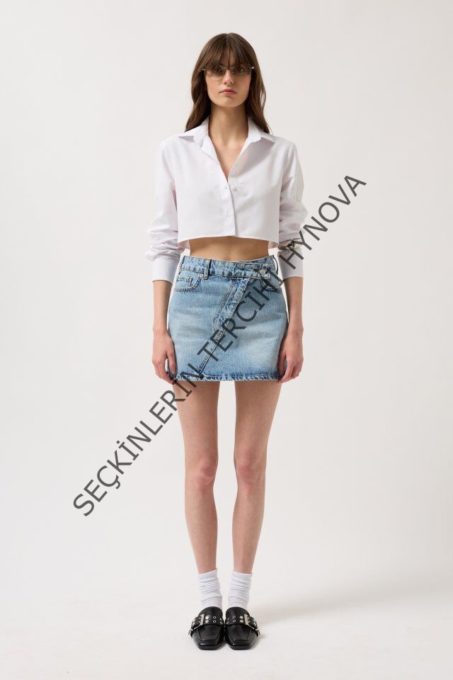 Asimetrik Kemer Denim Mini Etek