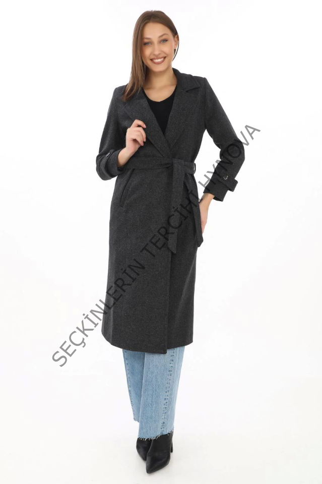 Astarlı Balık Sırtı Kaşmir Kaşe Kaban - Siyah