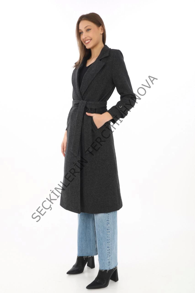 Astarlı Balık Sırtı Kaşmir Kaşe Kaban - Siyah