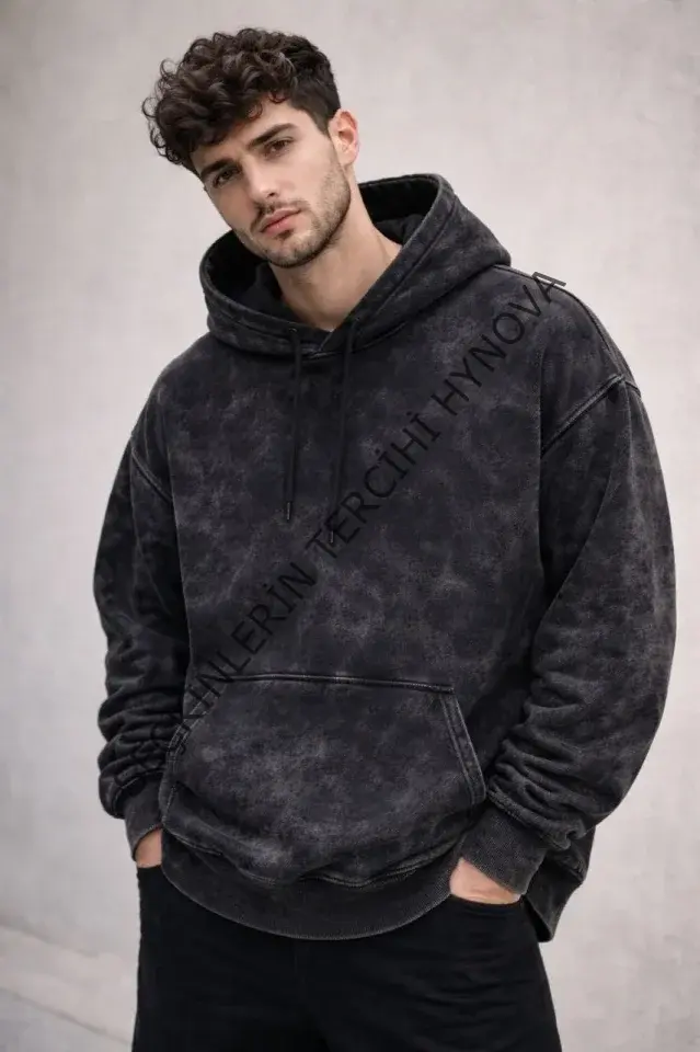 Erkek Yağ Yıkamalı Kapşonlu Double Oversize Üç İplik Pamuklu Sweatshirt - Siyah