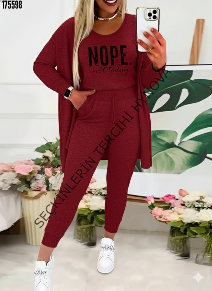 Kadın Askılı Yuvarlak Yaka Yazılı Viskon Iki Iplik Bluz Ceket Ve Pantolon 3lü Takım