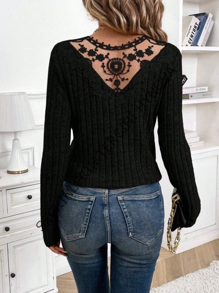 Kadın Uzun Kollu V Yakalı Arkadan Dantel Detaylı şardonlu Kaşkorse Bluz