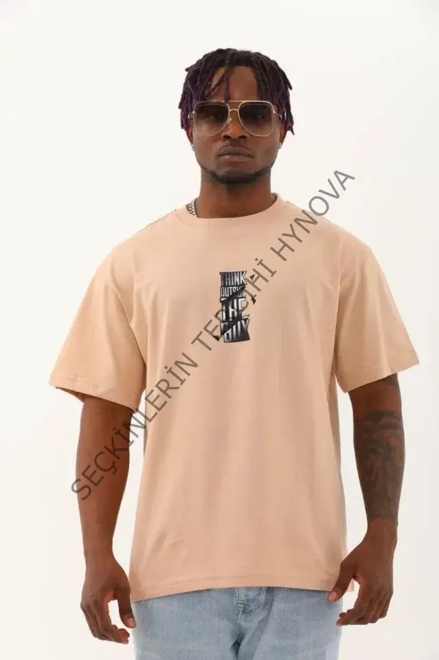 Unisex Oversize Baskılı Bisiklet Yaka T-Shirt - Bej