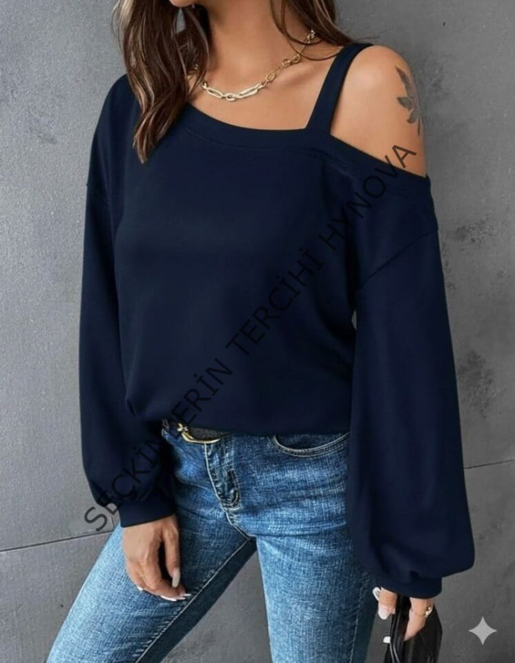 Kadın Uzun Kollu Tek Omuz Askı Detay Salaş Viskon Iki Iplik Bluz