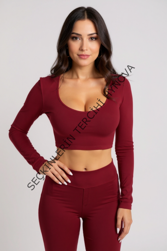Kadın Bordo Uzun Kol Kare Yaka Crop Top Bluz