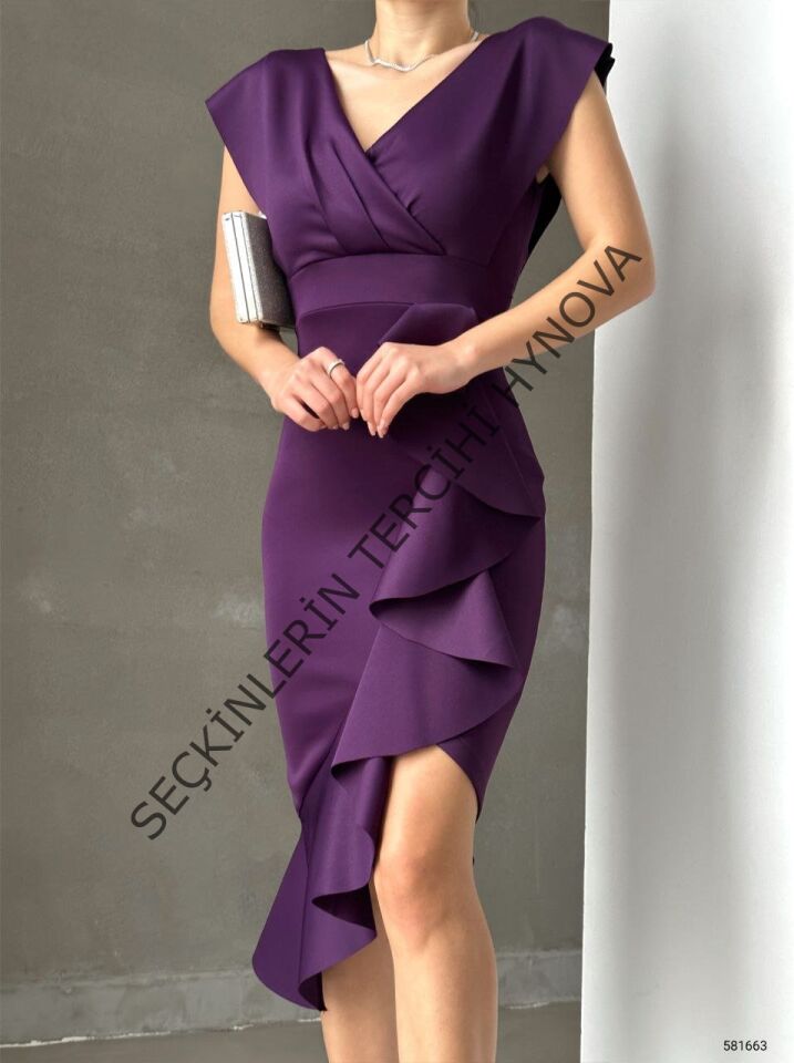 Scuba Kumaş Önü Fırfırlı Midi Boy Elbise