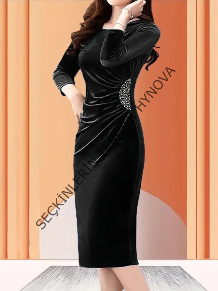 Kadın Uzun Kollu Bot Yaka Yanı Taş Detaylı Midi Kadife Elbise