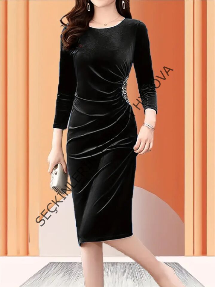 Kadın Uzun Kollu Bot Yaka Yanı Taş Detaylı Midi Kadife Elbise