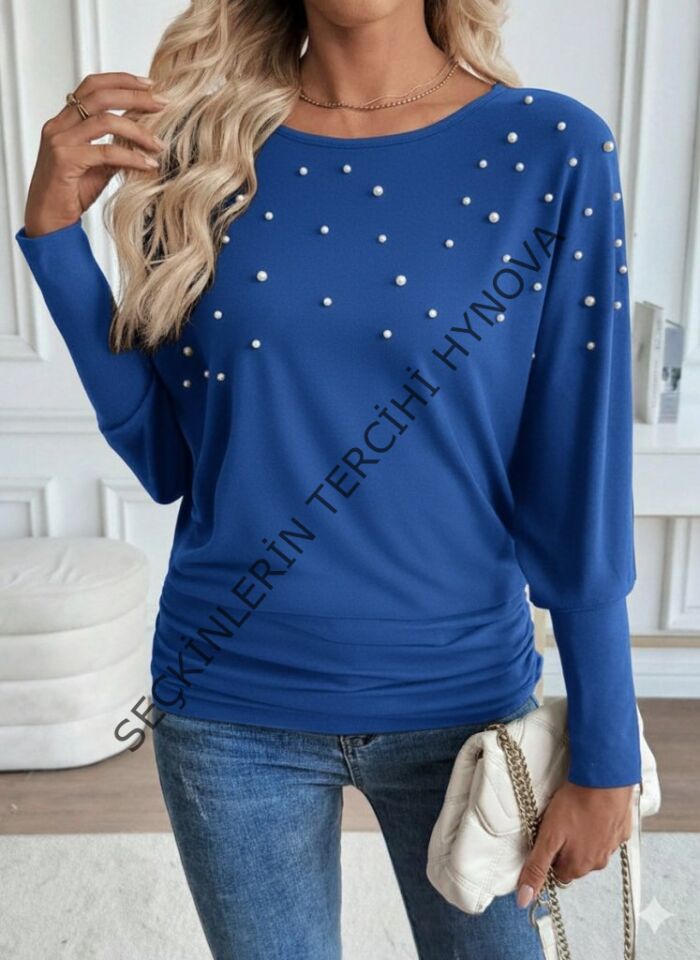 Kadın Uzun Kollu Yuvarlak Yaka Incili Viskon Bluz