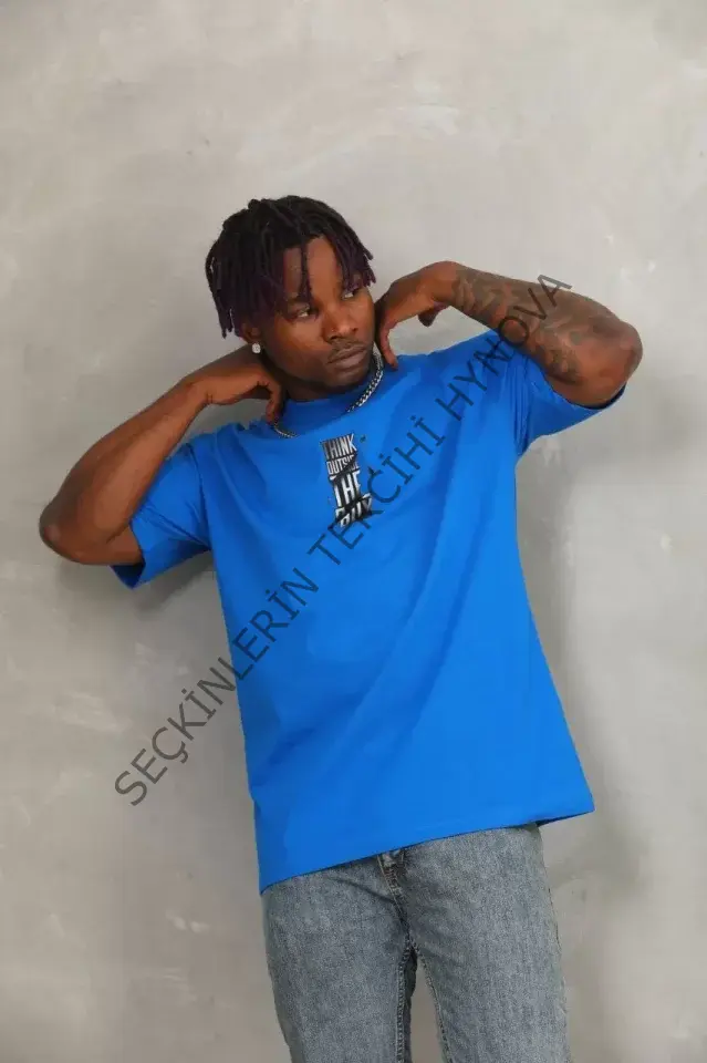 Unisex Oversize Baskılı Bisiklet Yaka T-Shirt - Mavi