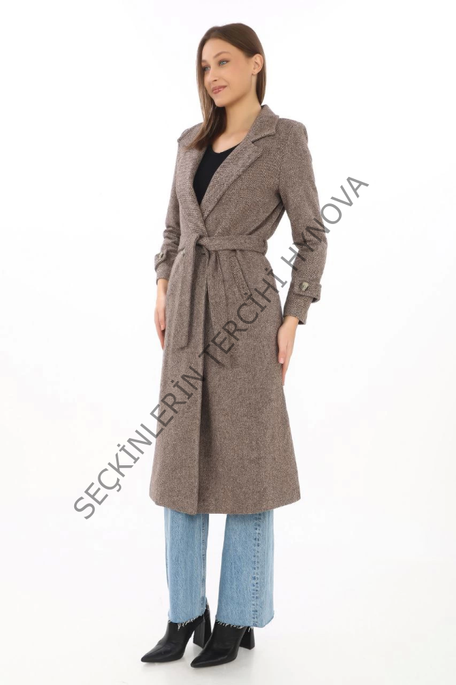 Astarlı Balık Sırtı Kaşmir Kaşe Kaban - Vizon